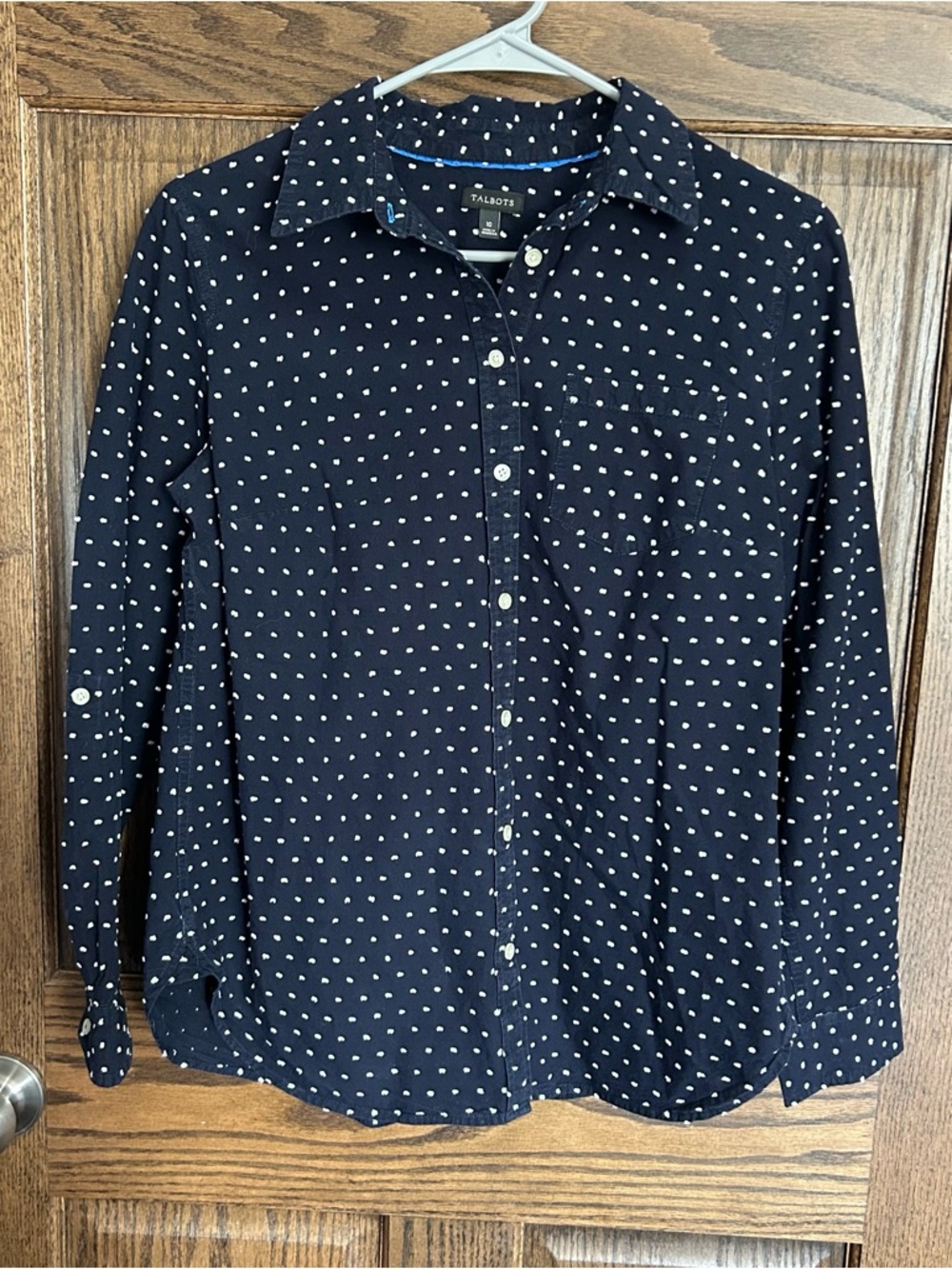 Talbots Navy Button-Down Shirt with White Polka Dots